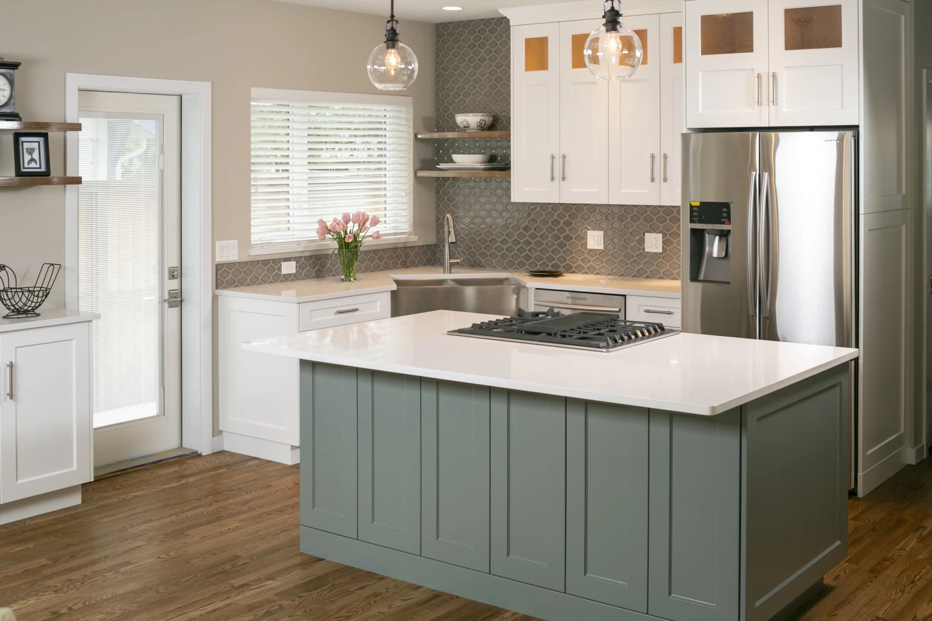 custom white Kitchen with green island built by Capital City Construction in Victoria BC